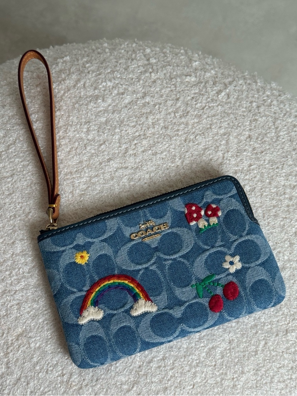 Coach Denim Wristlet with Rainbow, Cherries & Floral Embroidery - Picture 2 of 6